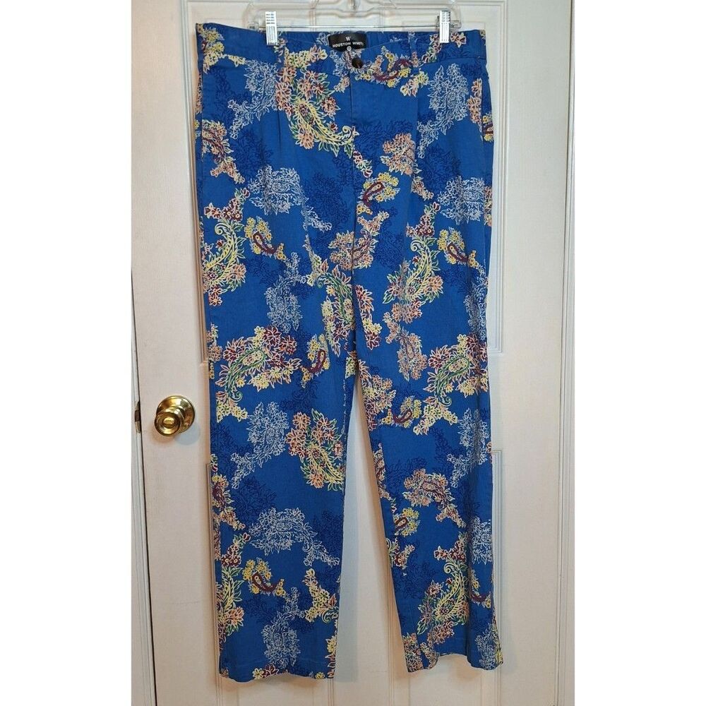 Houston White Blue Yellow Paisley Wide Leg Elastic Waist Pants Festival Size L